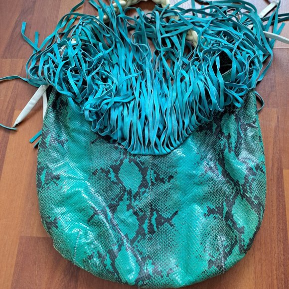 Just Cavalli Women's Python Snake Leather Green/Blue Shoulder Bag - Picture 11 of 16